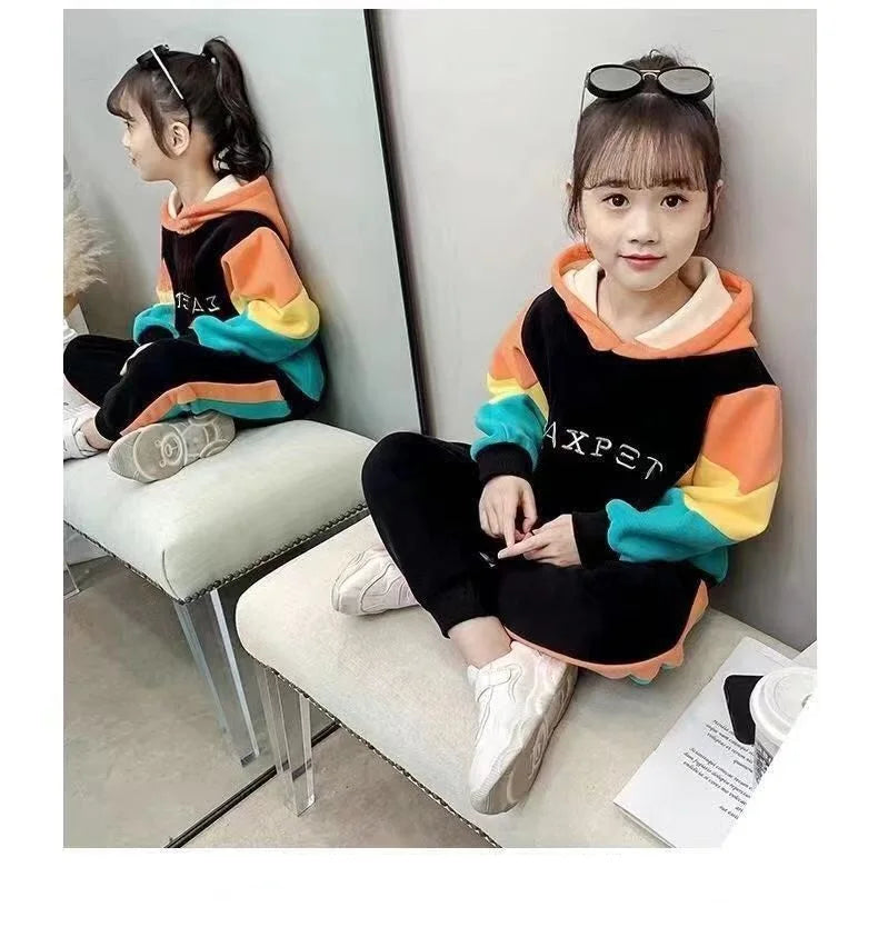 Winter Warm Girls Contrast Alphabet Full Fleece Sweatshirt+Sweatpant School Kids Tracksuit Child 2PCS Outfit Jogger Set 5-14 Yrs