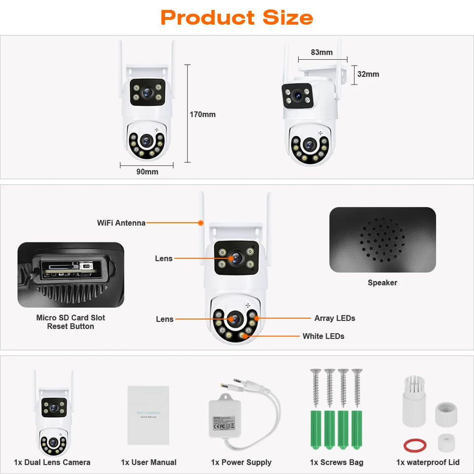 Outdoor Wireless Security IP Camera 4K 8MP HD Dual Lens External Wifi PTZ Camera Auto Tracking Street Surveillance Camera iCsee