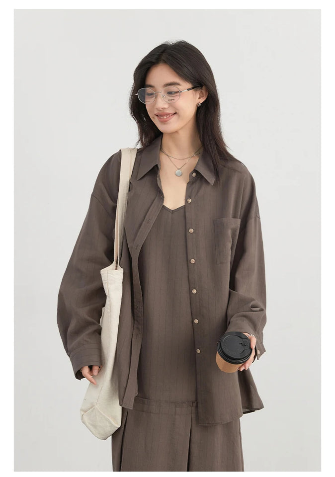 CHIC VEN Women Dress Sets Stripe Shirt Loose Casual Long Sleeve Sunscreen Blouses Camisole V-neck Dresses Spring Autumn 2025