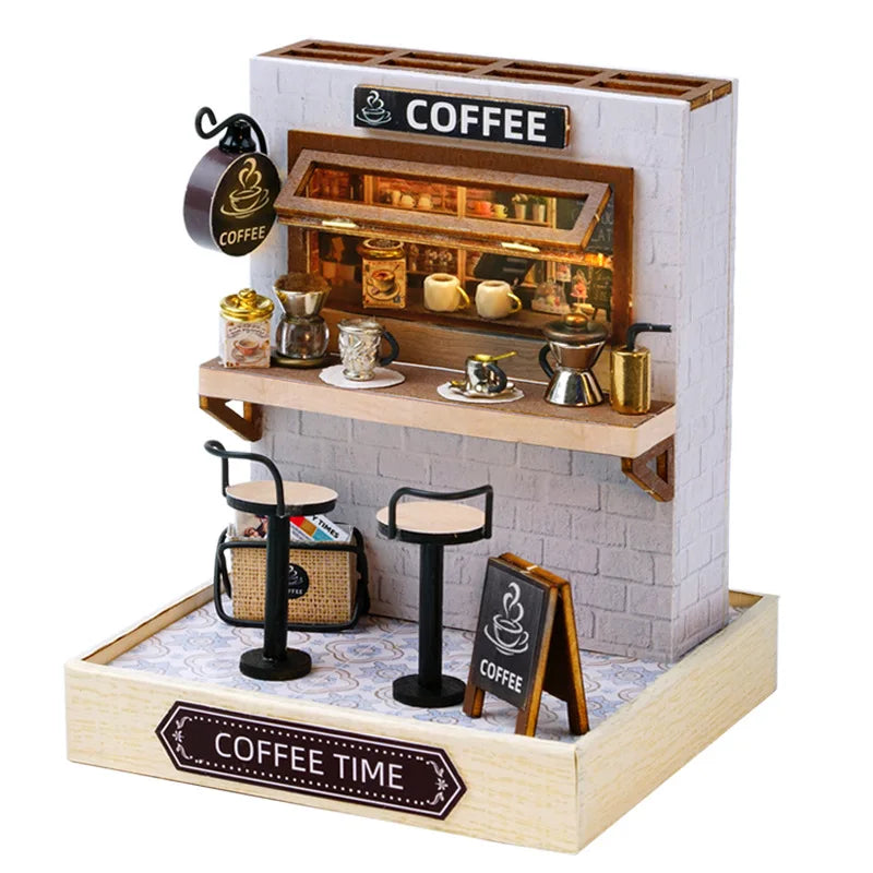 Coffee Shop Wooden Mini Doll House DIY Small House Kit Making And Assembling Room Models Toys For Kid Birthday Gifts Dollhouse
