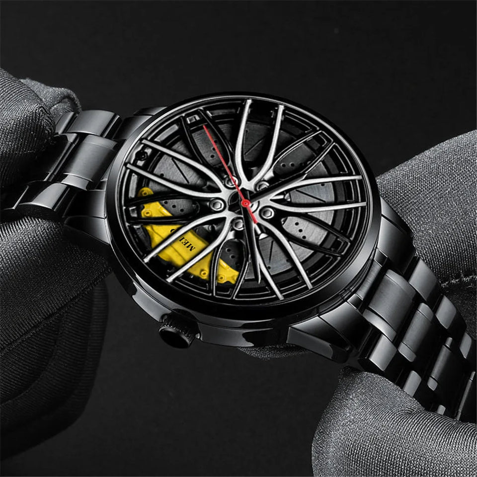 New Top Men Stainless Steel Watches Mens Car Wheel Hub Leather Quartz Watch For Male Military Sport Watch Relogio Masculino Hot