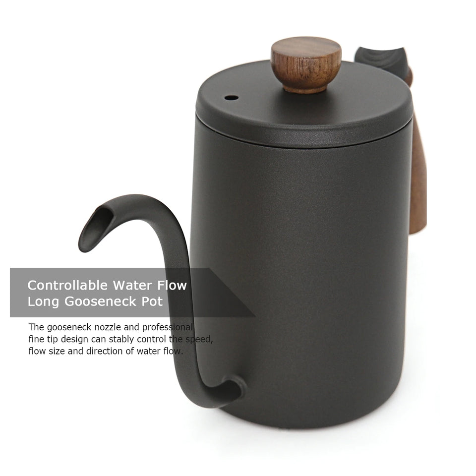 600ML Non-stick Stainless Steel Pour Over Coffee Tea Pot with Thermomet Long Narrow Spout Hand Drip Kettle Coffee Accessories