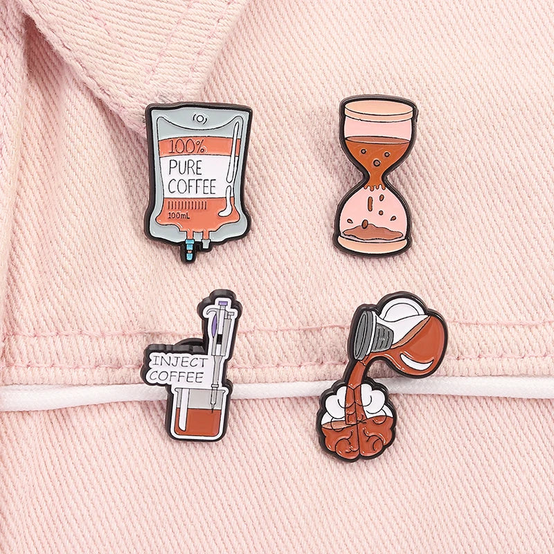 100% PURE COFFEE Enamel Pins Hourglass Coffee Lover Metal Brooches Fashion Lapel Badge Backpack Clothes Jewelry Gift for Friends