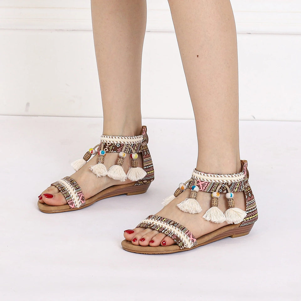 Summer New Women's Sandals Rome Bohemian Flow Su Flat Heel Soft Bottom Comfortable Anti slip Outerwear Tourist Vacation