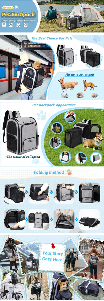 Pet Backpack Expandable Foldable Cat Carrier for Small Medium Dog and Cat Transport Dog Bag Large Space Pets Carrier with Zipper