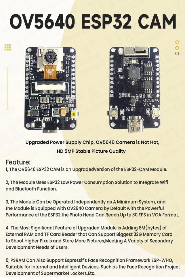 OV5640 ESP32 CAM Camera Module Kit 2.4 GHz WiFi and Bluetooth Develop Board Type C 8MB PSRAM HD 5MP Auto Focus 66 120 160 Degree