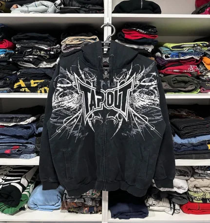 Men and women loose casual simple zipper jacket American retro splicing hot diamond print cartoon design hooded sweatshirt
