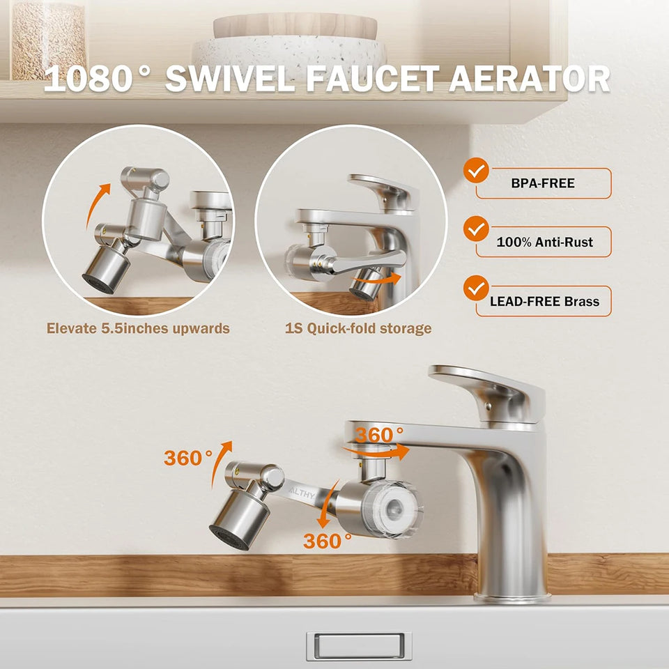 ALTHY Splash-proof Sink Faucet Extender Filter, 1080° Rotating Tap， Activated carbon,&PP cotton replacement filter,