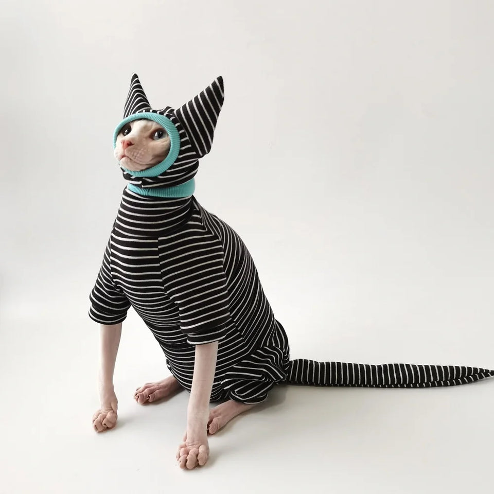 Four Legged Striped Shirt Hat Tail Cover Suit for Sphynx Cat Spring Black Sweatshirt for Kittens Hairless Warm Autumn Costumes