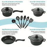 13 Piece Nonstick Kitchenware Set Induction Pots and Spoons Kit, Black Frying Pan & Milk Pot Perfect for Family Dinner & Camping
