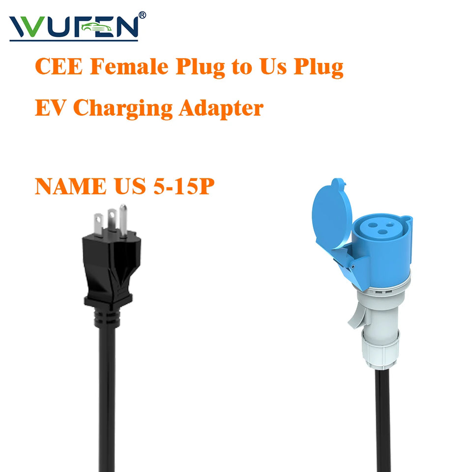 WUFEN EV Charger Adapter 1M US Plug to CEE Blue Power Female Plug 3 Pins Socket Adapter Connect with 32A 1 Phase 7KW Charger