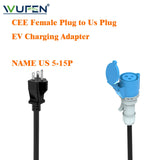 WUFEN EV Charger Adapter 1M US Plug to CEE Blue Power Female Plug 3 Pins Socket Adapter Connect with 32A 1 Phase 7KW Charger