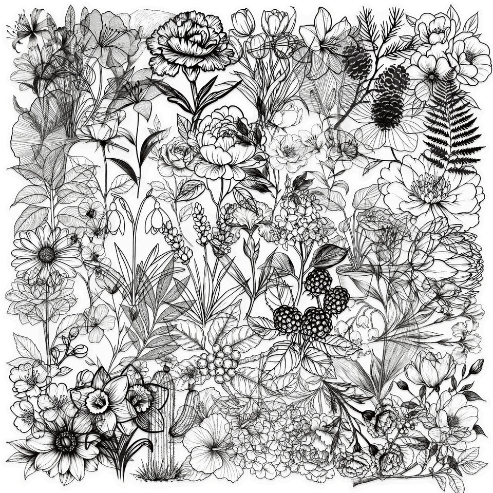 50pcs Black And White Vintage Retro Flower Plant Stickers Decals Laptop Scrapbooking Journal Planner Card Making PET Stickers﻿