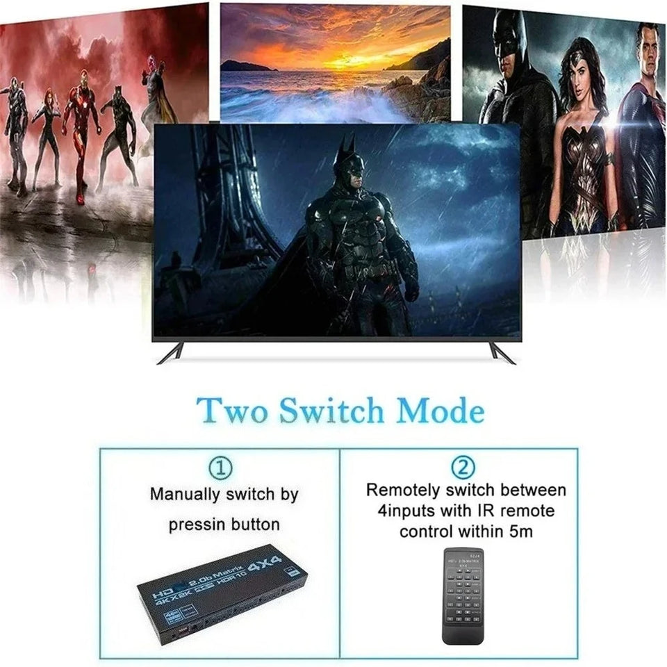 HDMI-compatible Matrix Switch 4x4, 4K Matrix Switcher Splitter 4 In 4 Out Box with EDID Extractor and IR Remote Control