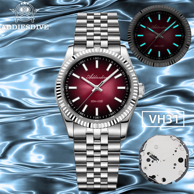 ADDIESDIVE AD2073 Men's Business Watch Sapphire Glass Stainless Steel Quartz Wristwatches Gradient Red Dial Watches Reloj Hombre