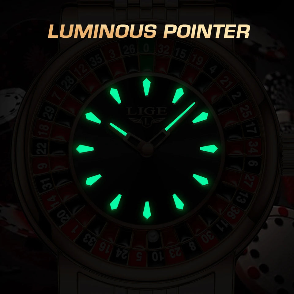 LIGE Creative Luxury Mens Watches Roulette Game Dial Fashion Mens Watch Waterproof Luminous Quartz Wristwatches Rolling Ball