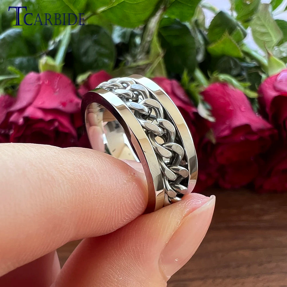 Dropshipping 8mm New Arrivals Men Women Stainless Steel Rotate Chain Ring Stepped Grooved Brushed Festival Fashion Gift Jewelry