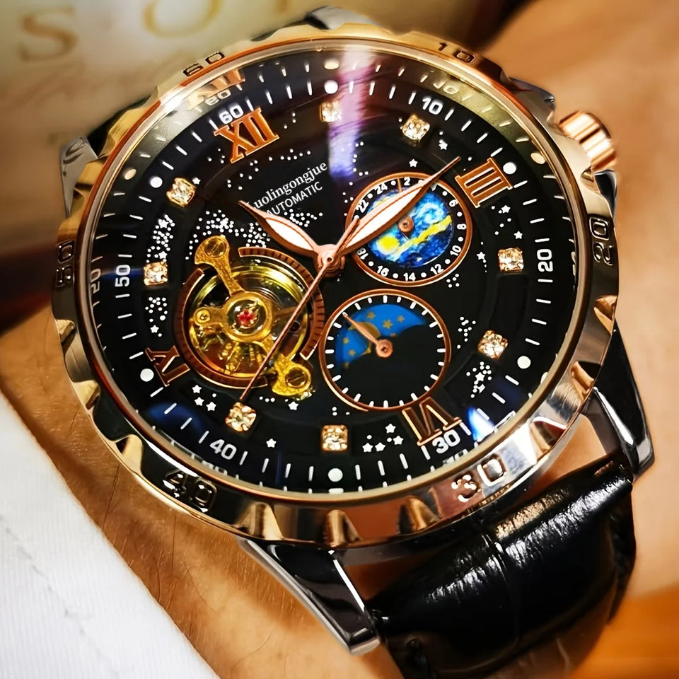High-End Luxury Automatic Mechanical Men's Watch with Starry Sky Luminous Dial, Elegant Tourbillon Movement, Perfect for Business or Casual Wear, Ideal Christmas or Birthday Gift, Holiday Gift Watch, the Best Gift for Him, No