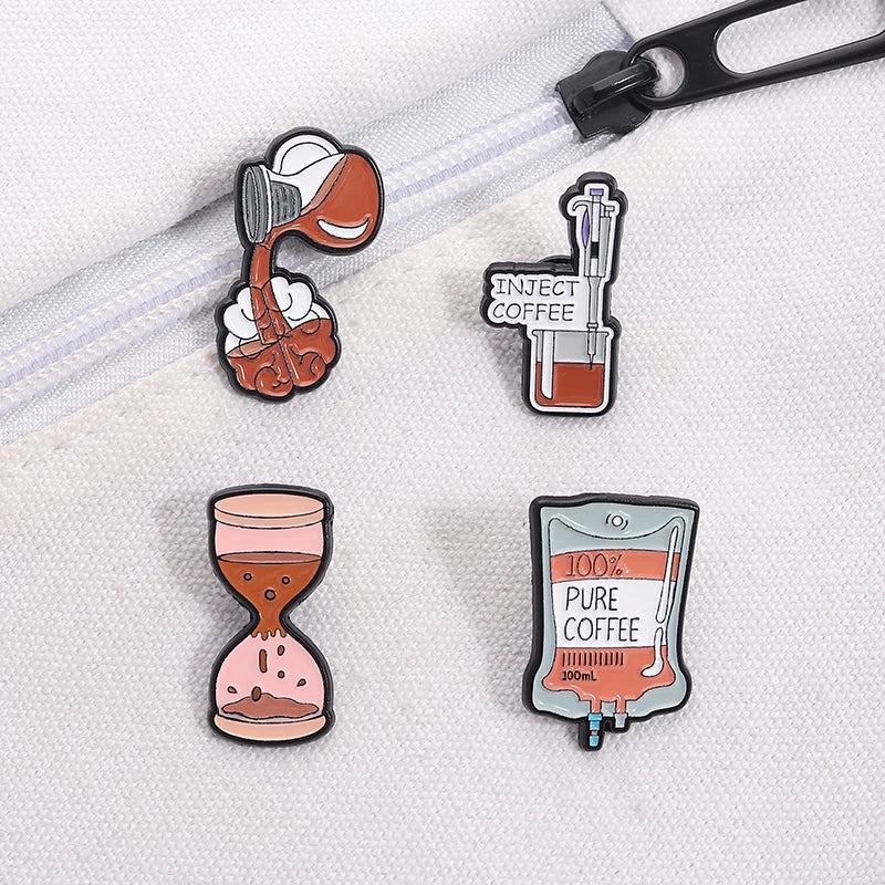 100% Pure Coffee Iv Bag For Medical Enamel Pins Creative Coffee Filling Brain Inject Coffee Brooch Clothes Lapel Badge Jewelry
