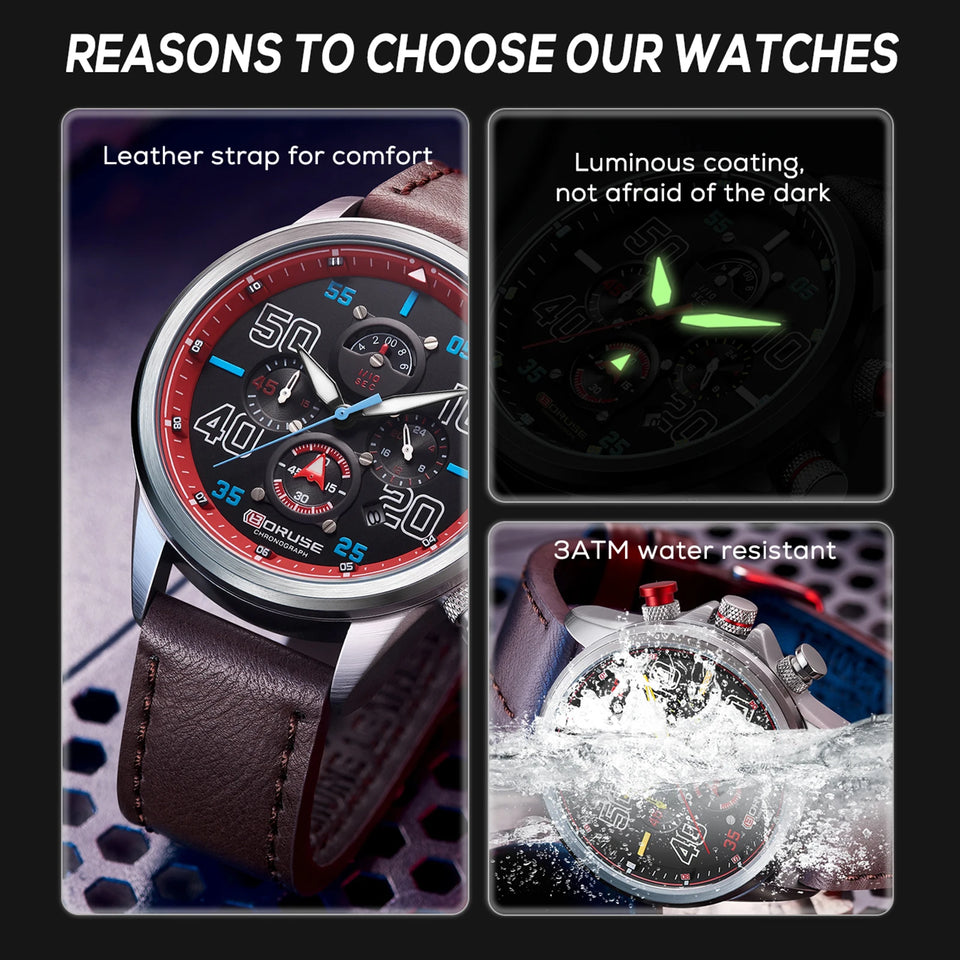 BORUSE Fashion Mens Sports Watches Luxury Men Business Wrist Watch Leather Quartz Watch Waterproof Luminous Male Clock With Box