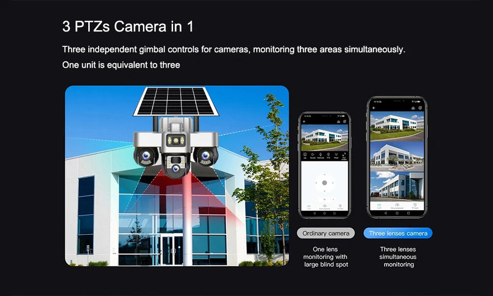 V380 Pro Solar Camera 3 Lens WiFi Security Cameras Outdoor Smart Home Solaire Power PTZ IP 15MP Night Vision CCTV Surveillance