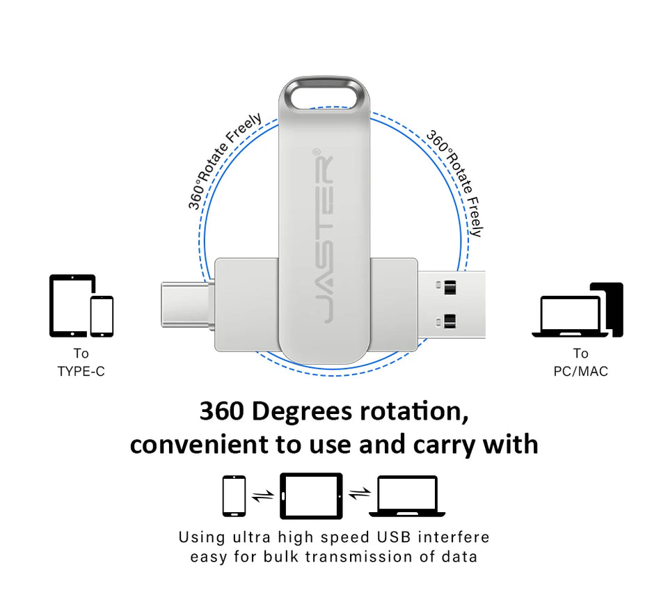 JASTER Metal USB TYPE-C 2 IN 1 Pen Drives 16GB silvery Flash Drive 64GB Commercial Affairs Gifts Memory Stick 4GB 8GB 32G U Disk