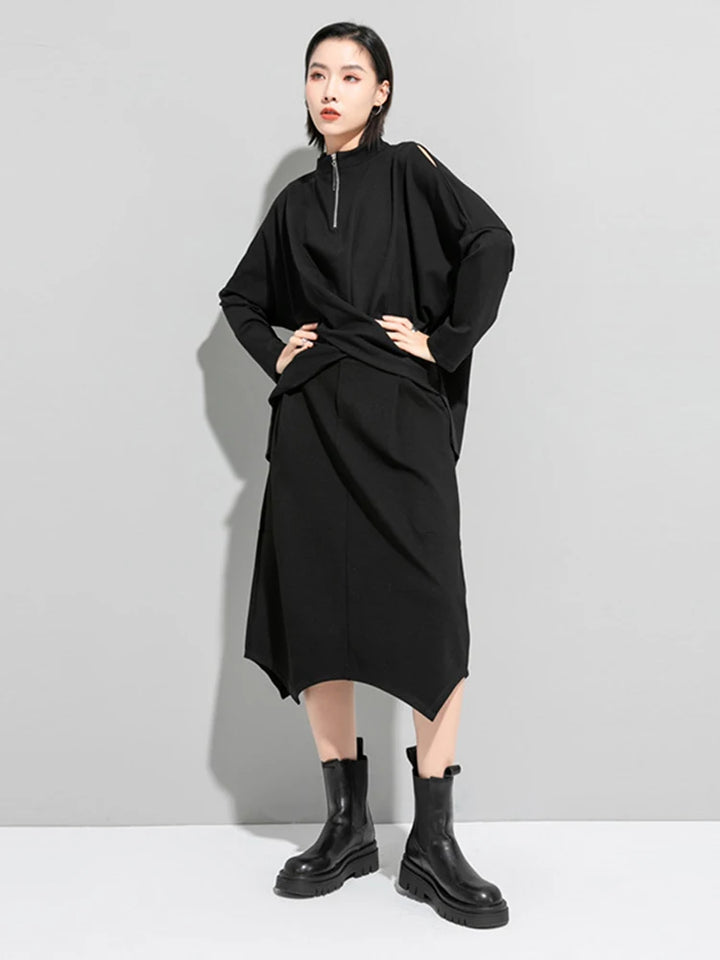[EAM] Black Irregular Knot Sweatshirt New Stand Collar Long Sleeve Women Big Size Fashion Tide Spring Autumn 2026 1DJ1848