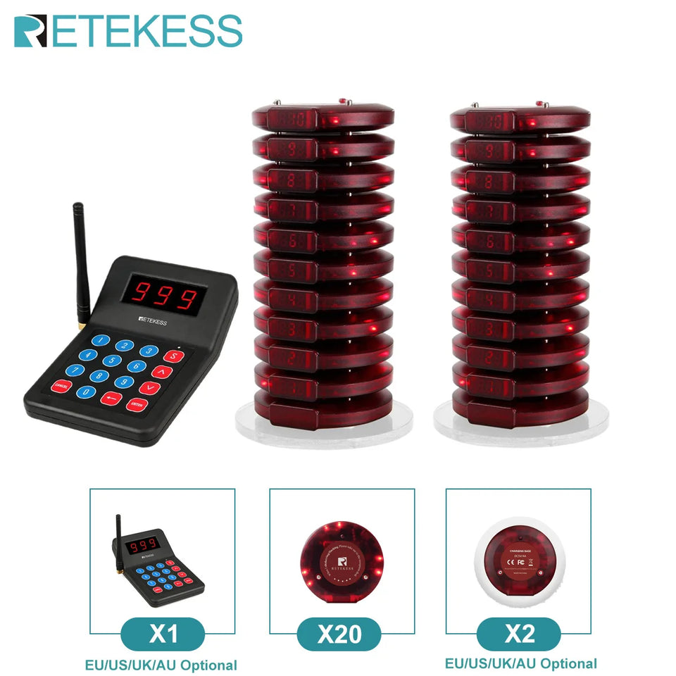 RETEKESS T119 Wireless Restaurant Paging System Coaster Vibrater Buzzer Receiver 2-Way Charge for Cafe Food Trucks