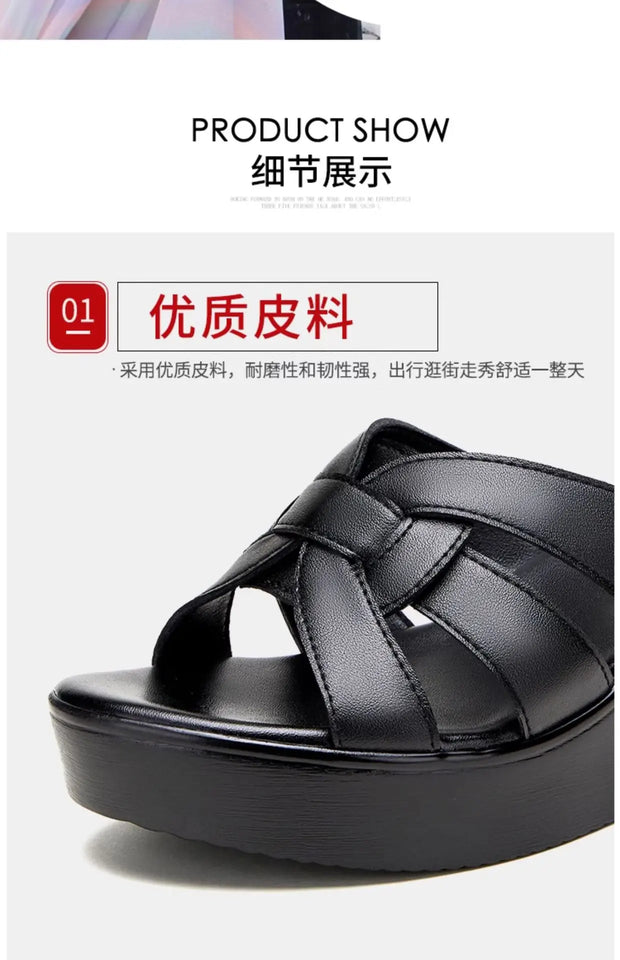 High quality summer leather wedge sandals for women 6cm mid heel new 2025 size 32 33 42 43 platform open toe elegant shoe black