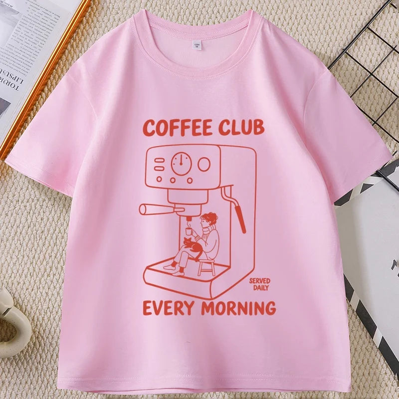 Coffee Club Every Morning Graphic T Shirt Espresso Machine Cozy Coffee Lover Tee Shirt Casual Cotton Short Sleeve Streetwear