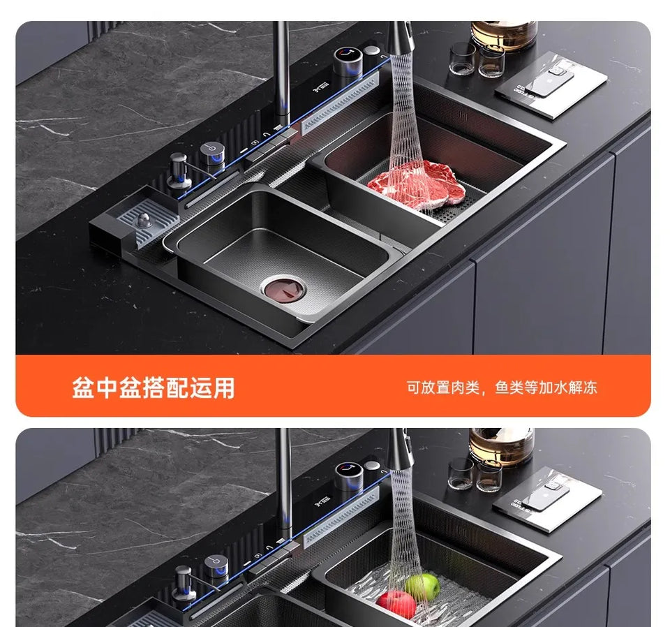 304 Stainless Steel Kitchen Sink, Large Single Sink, Thickened Whale Relief, Digital Display, Washbasin, Washbasin