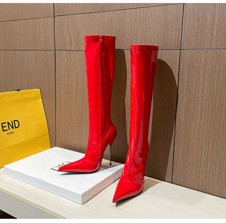 Knee-High Modern Boots Pointy Toe Women Shoes 13cm Ultra Thin Steel High Heels Metal Heel Calf Boots for Women Fun Shoes Size 46