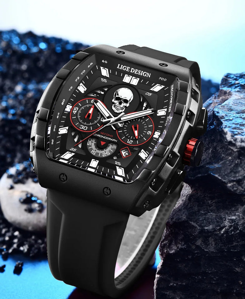 LIGE Brand Mens Watch Skeleton Skull Dial Sports Military Watches Men Fashion Luxury Waterproof Quartz Watch Chronograph Relogio