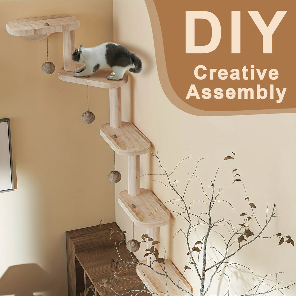 5 Step Wooden Cat Climbing Frame Wall Mounted DIY Cat Ladder Climbing Shelf Wall Steps Shelve for Sleeping Playing Cat Furniture