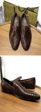PJCMG Fashion Comfortable Black/Coffee Genuine Knitted Leather Slip-On Pointed Toe Flat Man Casual Classic Formal Dress Shoes