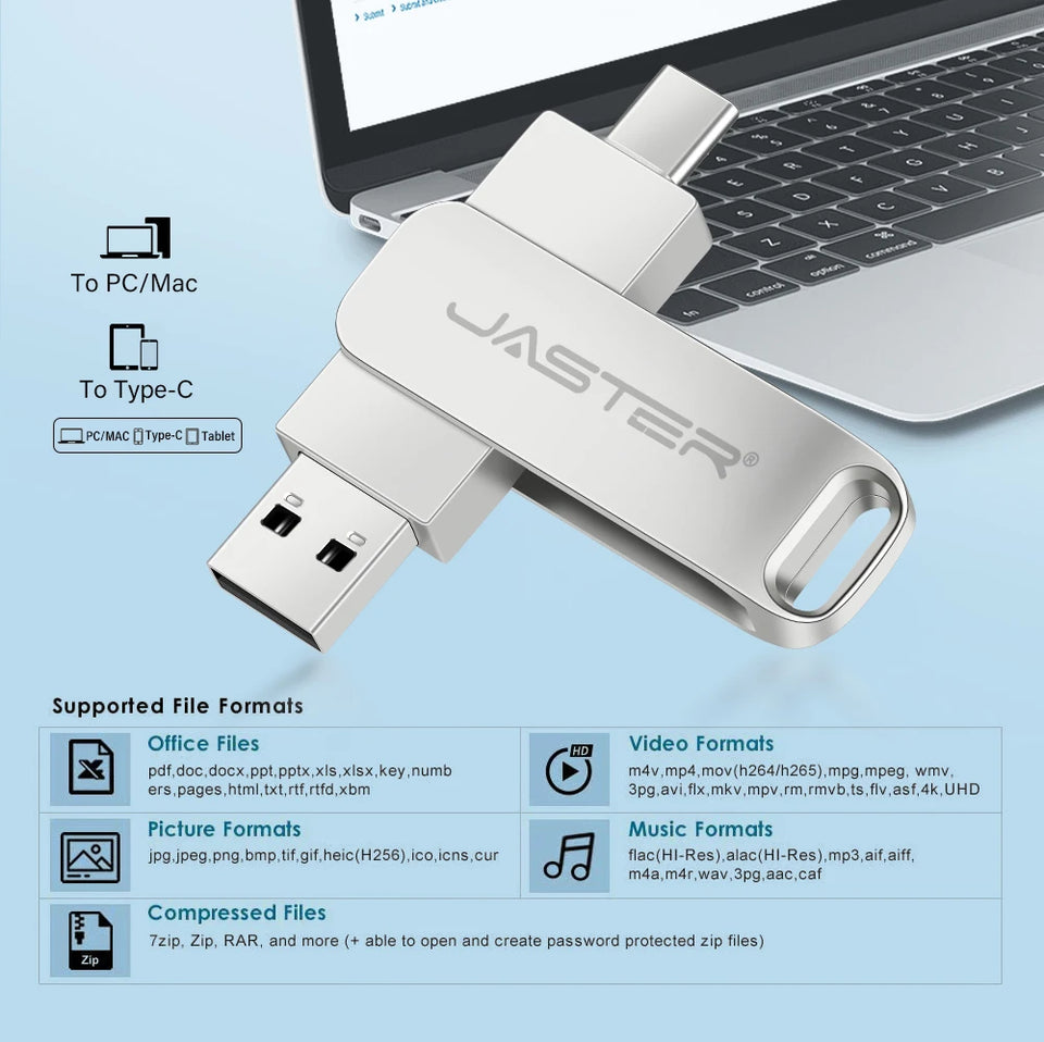 JASTER Metal USB TYPE-C 2 IN 1 Pen Drives 16GB silvery Flash Drive 64GB Commercial Affairs Gifts Memory Stick 4GB 8GB 32G U Disk