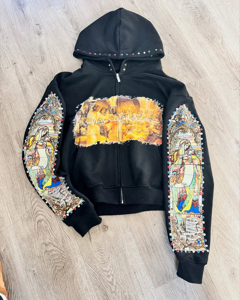 Men and women loose casual simple zipper jacket American retro splicing hot diamond print cartoon design hooded sweatshirt