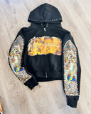 Men and women loose casual simple zipper jacket American retro splicing hot diamond print cartoon design hooded sweatshirt