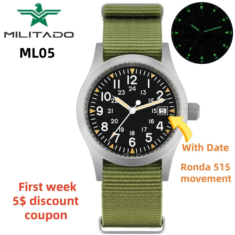 Militado ML05 Men's Watch Ronda 515 Quartz Movement Watch Dome Sapphire High Transparency AR Coating Night Light Watches Retro
