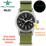Militado ML05 Men's Watch Ronda 515 Quartz Movement Watch Dome Sapphire High Transparency AR Coating Night Light Watches Retro