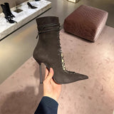 Hollow Out Cross Tie Fashion Pointed Sexy Mesh Leopard Print Perspective High-Heeled Women's Motorcycle Style Short Boots