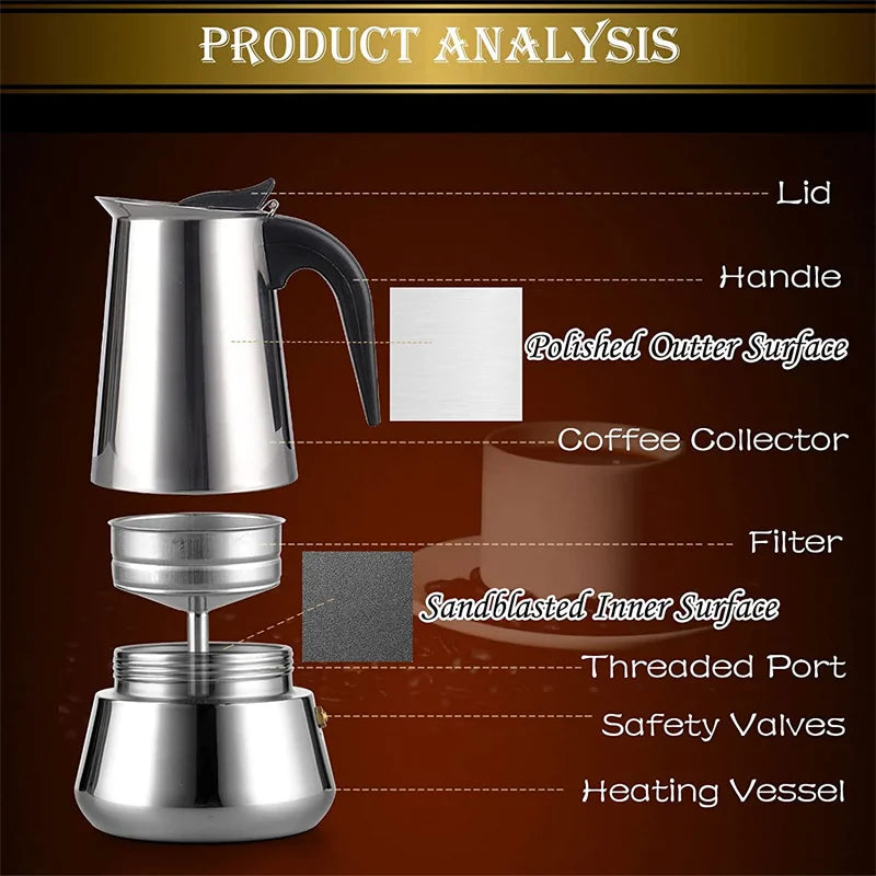 Coffee Pot Stainless Steel Filter Italian Espresso Latte Stovetop Percolator Tool 200/300/450/600Ml Moka Coffee Maker Coffee Pot