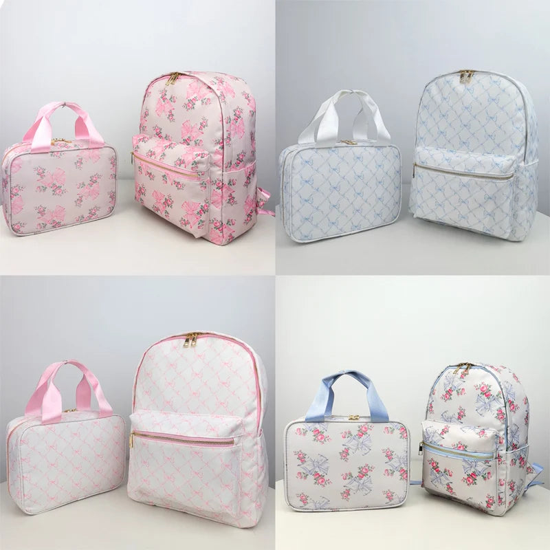 2PCS/SET Trendy Flower Bow Printing School Bag Lunch Bag Large Capacity Nylon Backpack Cute Students Insulation Ice Bento Box
