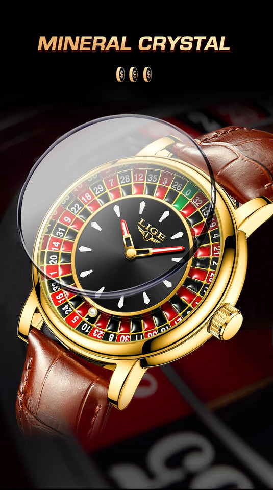 LIGE Creative Luxury Mens Watches Roulette Game Dial Fashion Mens Watch Waterproof Luminous Quartz Wristwatches Rolling Ball