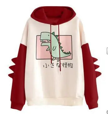 Winter Cute Dinosaur Cartoon Hoodie Women Fashion Sweatshirt Casual Print Long Sleeve Korean Style Splice Tops Kawaii Clothes