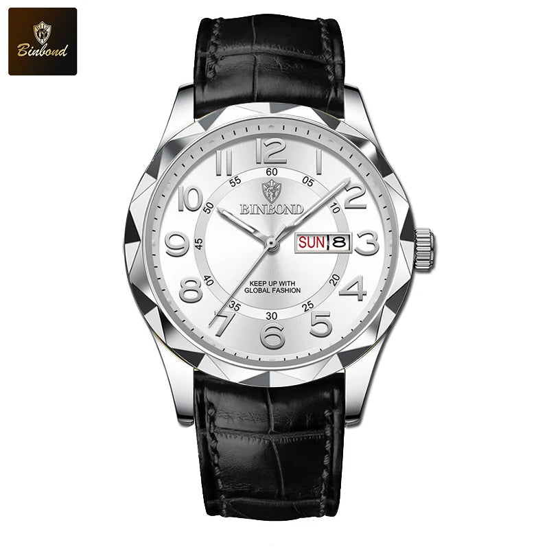 BINBOND New Fashion Mens Casual Sports Watches For Men Retro Big Dial Quartz Watches Classic Leather Business Men Watches B5663