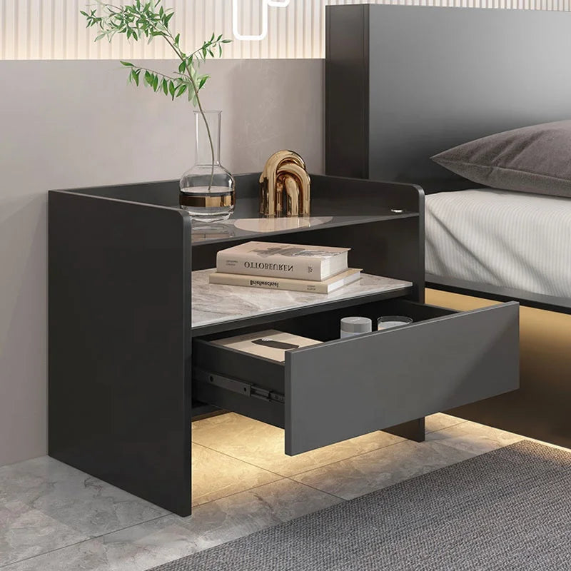 Modern Simple Bedroom Furniture Wooden Glass Bedside Table Storage Side Cabinet