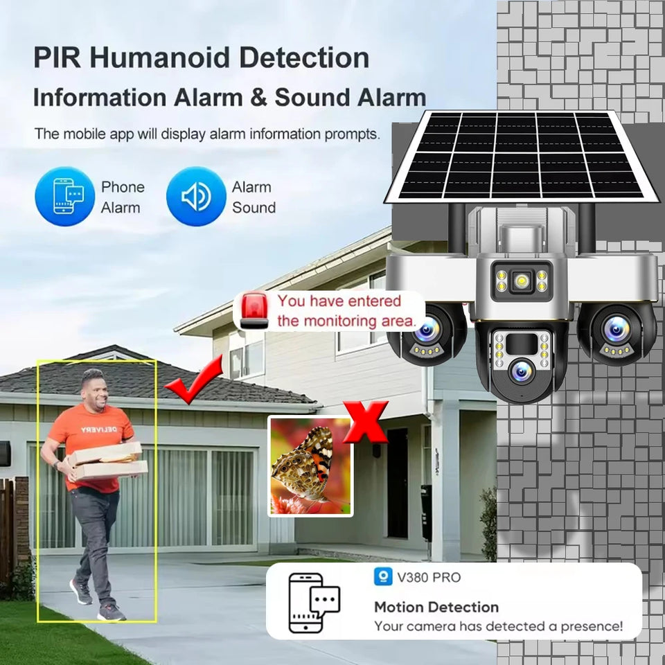 V380 Pro Solar Camera 3 Lens WiFi Security Cameras Outdoor Smart Home Solaire Power PTZ IP 15MP Night Vision CCTV Surveillance
