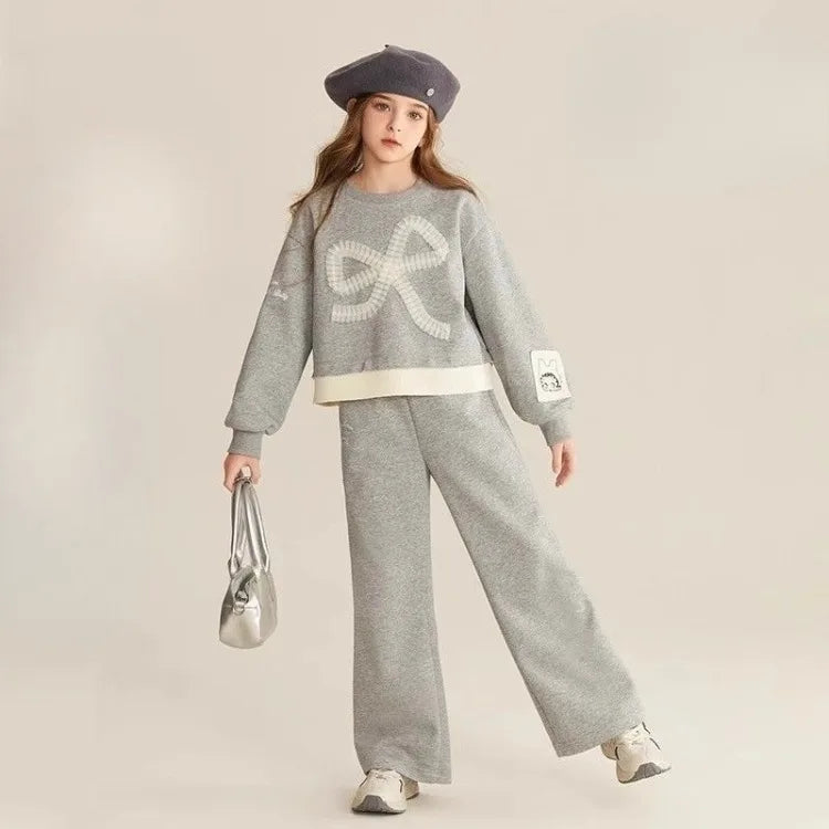 Top & Pants 2-Piece Set Sweatshirt Bow Korean Children's Clothing 2025 Autumn Winter Suits Clothes for Girls From 7 To 8 Years