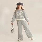 Top & Pants 2-Piece Set Sweatshirt Bow Korean Children's Clothing 2025 Autumn Winter Suits Clothes for Girls From 7 To 8 Years